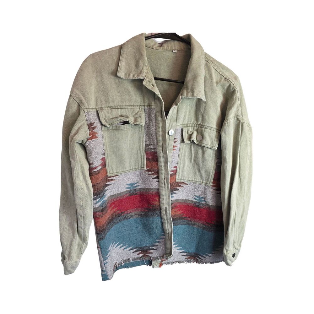 Boutique Southwestern Aztec Woven Panel Denim Jacket Shacket Frayed Hem S